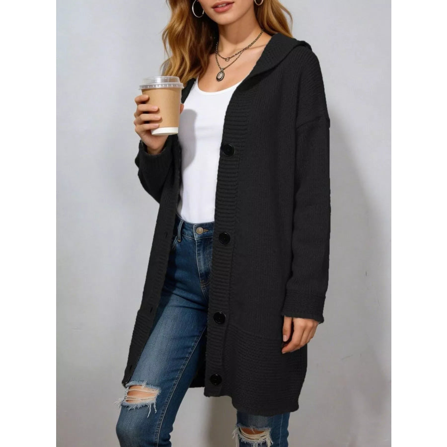 Full Size Casual Hooded Button-Down Knit Cardigan Plus Black / S Apparel and Accessories