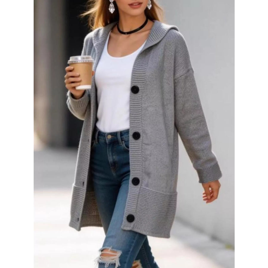 Full Size Casual Hooded Button-Down Knit Cardigan Plus Gray / S Apparel and Accessories