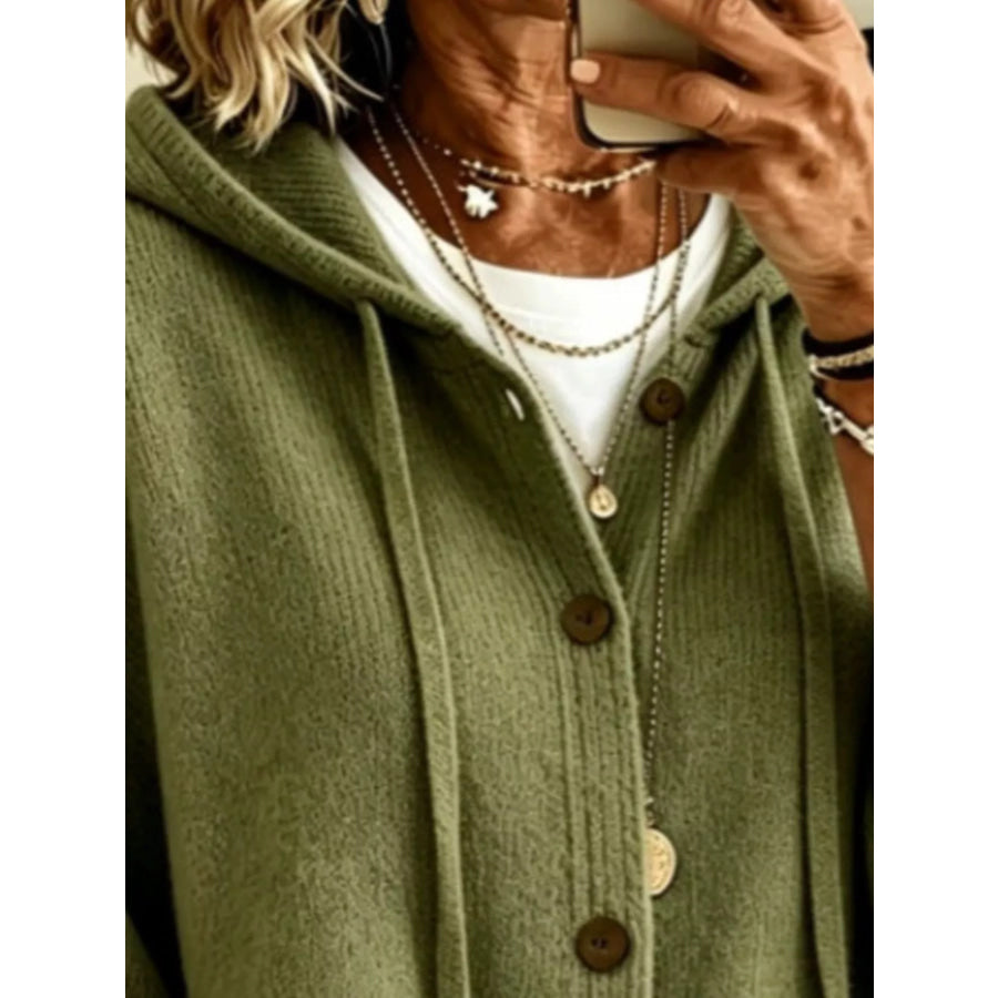 Full Size Casual Hooded Button-Down Knit Cardigan with Pockets Plus Apparel and Accessories