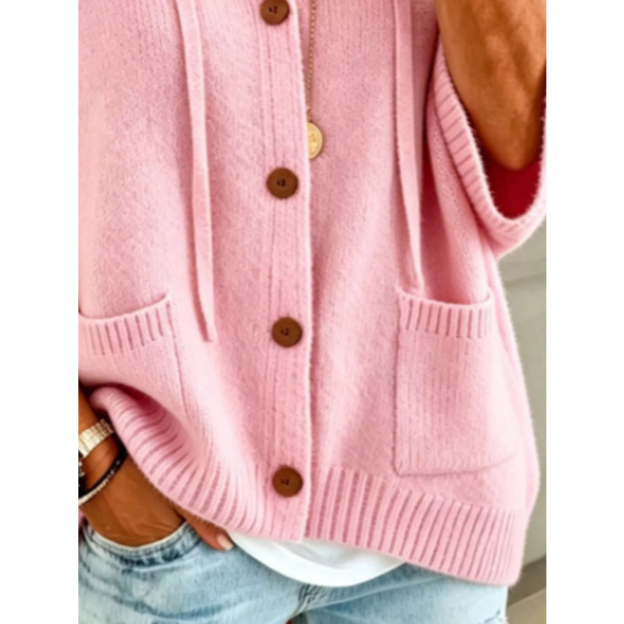 Full Size Casual Hooded Button-Down Knit Cardigan with Pockets Plus Apparel and Accessories