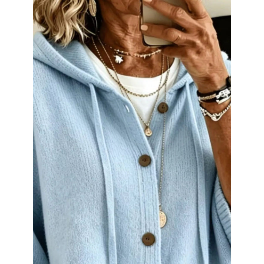 Full Size Casual Hooded Button-Down Knit Cardigan with Pockets Plus Apparel and Accessories