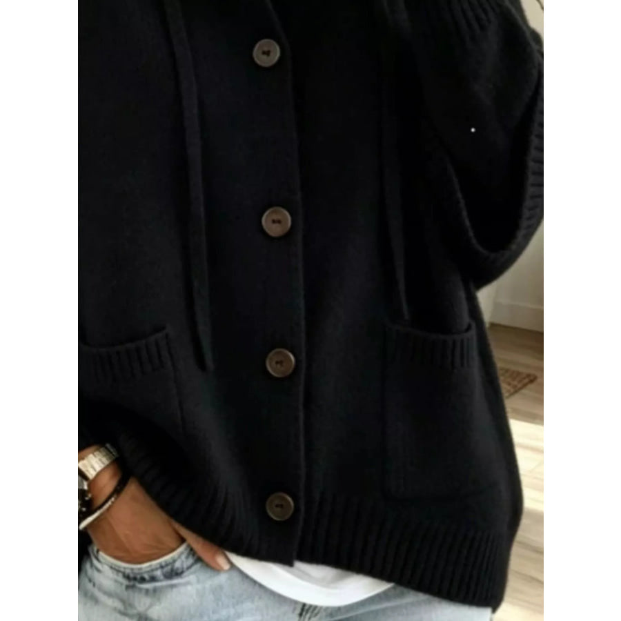 Full Size Casual Hooded Button-Down Knit Cardigan with Pockets Plus Apparel and Accessories