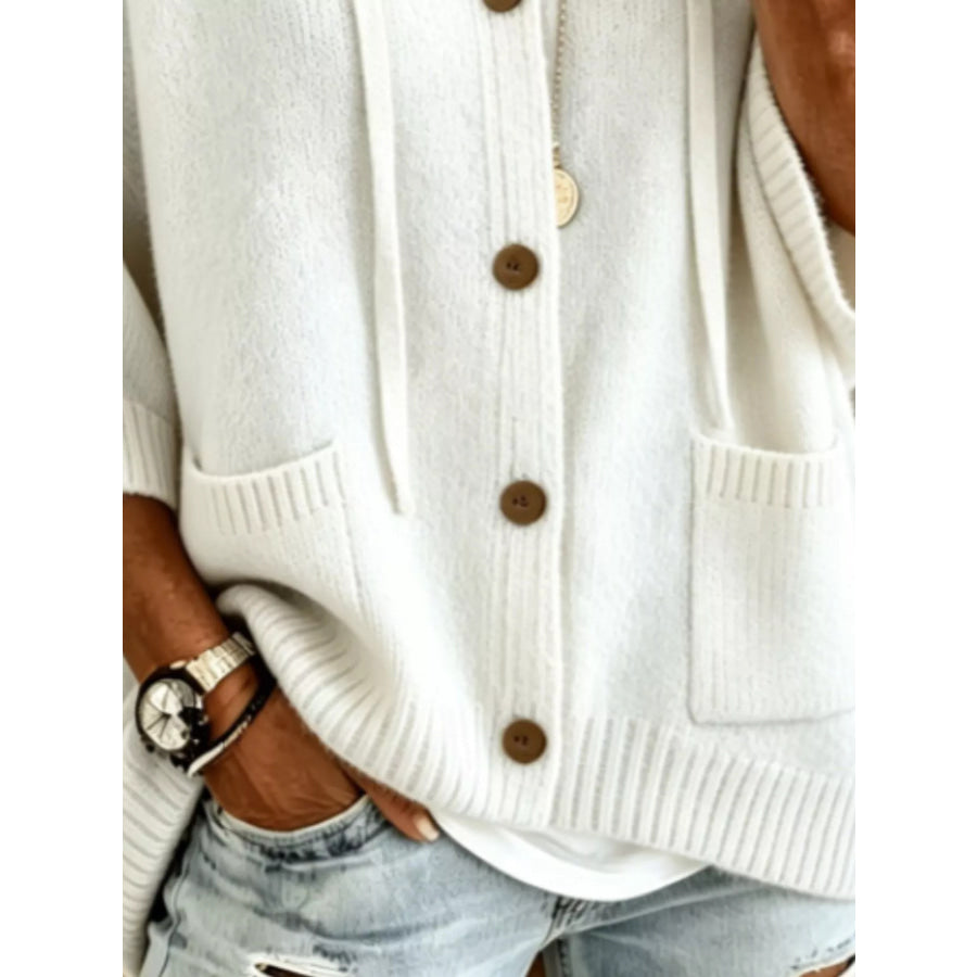 Full Size Casual Hooded Button-Down Knit Cardigan with Pockets Plus Apparel and Accessories