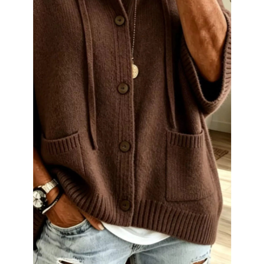 Full Size Casual Hooded Button-Down Knit Cardigan with Pockets Plus Apparel and Accessories