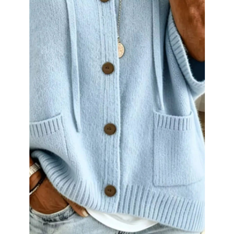Full Size Casual Hooded Button-Down Knit Cardigan with Pockets Plus Apparel and Accessories