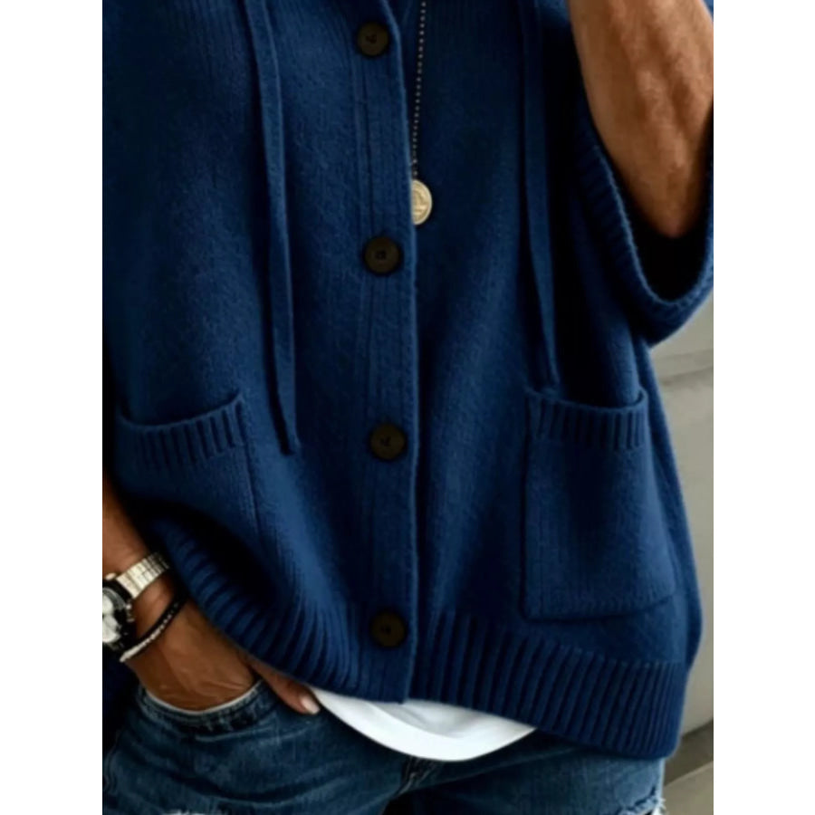 Full Size Casual Hooded Button-Down Knit Cardigan with Pockets Plus Apparel and Accessories