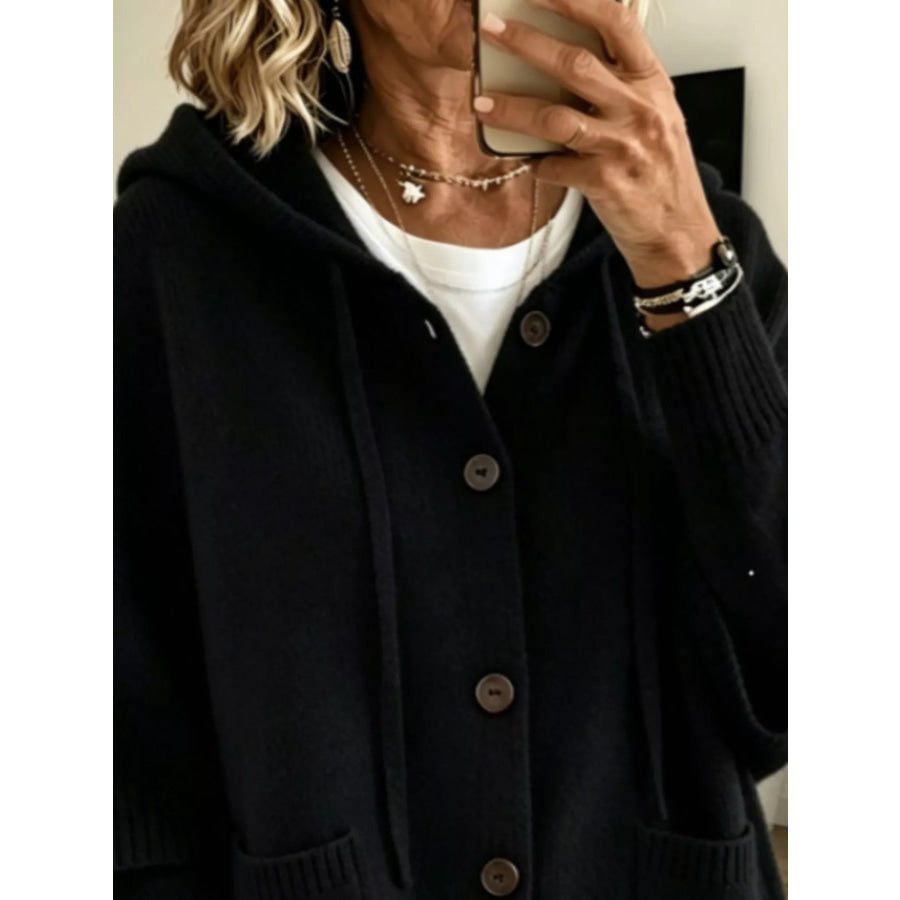 Full Size Casual Hooded Button-Down Knit Cardigan with Pockets Plus Apparel and Accessories
