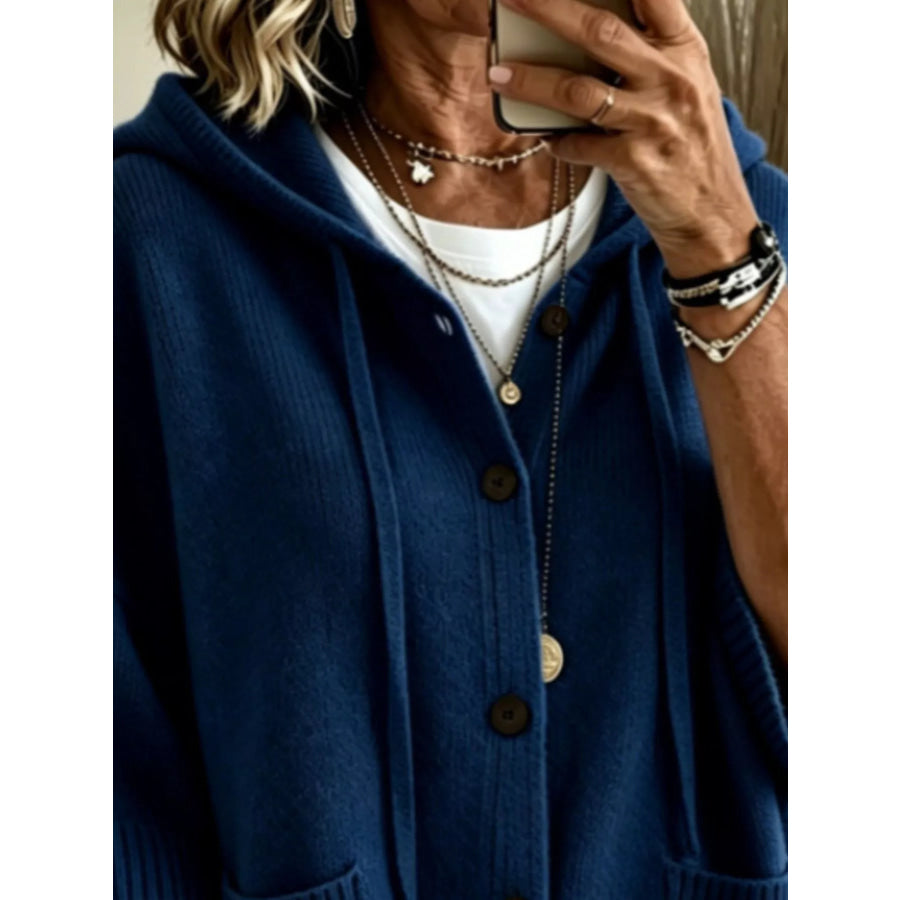 Full Size Casual Hooded Button-Down Knit Cardigan with Pockets Plus Apparel and Accessories