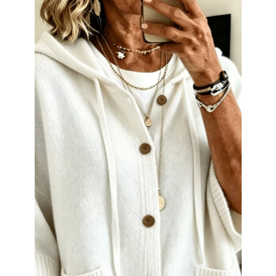 Full Size Casual Hooded Button-Down Knit Cardigan with Pockets Plus Apparel and Accessories