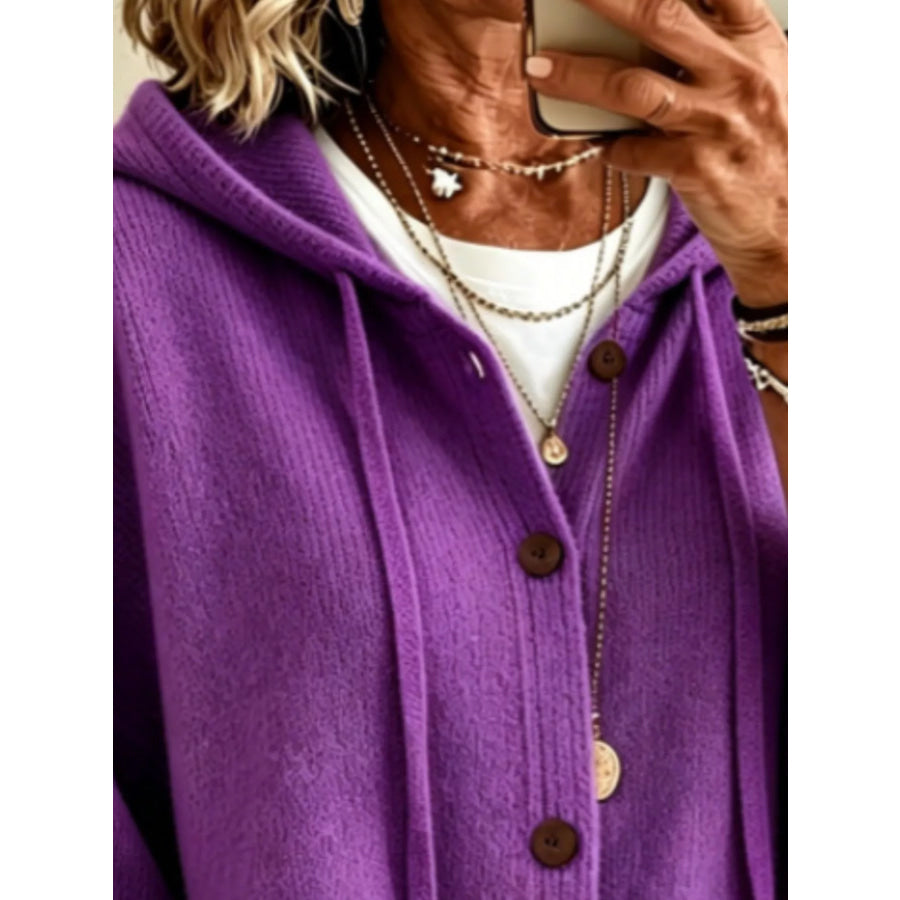 Full Size Casual Hooded Button-Down Knit Cardigan with Pockets Plus Apparel and Accessories