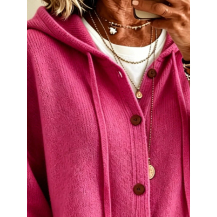 Full Size Casual Hooded Button-Down Knit Cardigan with Pockets Plus Apparel and Accessories