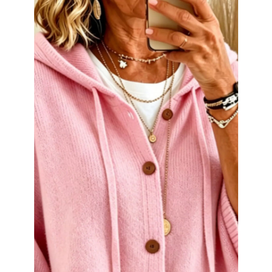 Full Size Casual Hooded Button-Down Knit Cardigan with Pockets Plus Apparel and Accessories