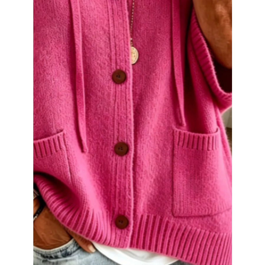 Full Size Casual Hooded Button-Down Knit Cardigan with Pockets Plus Apparel and Accessories