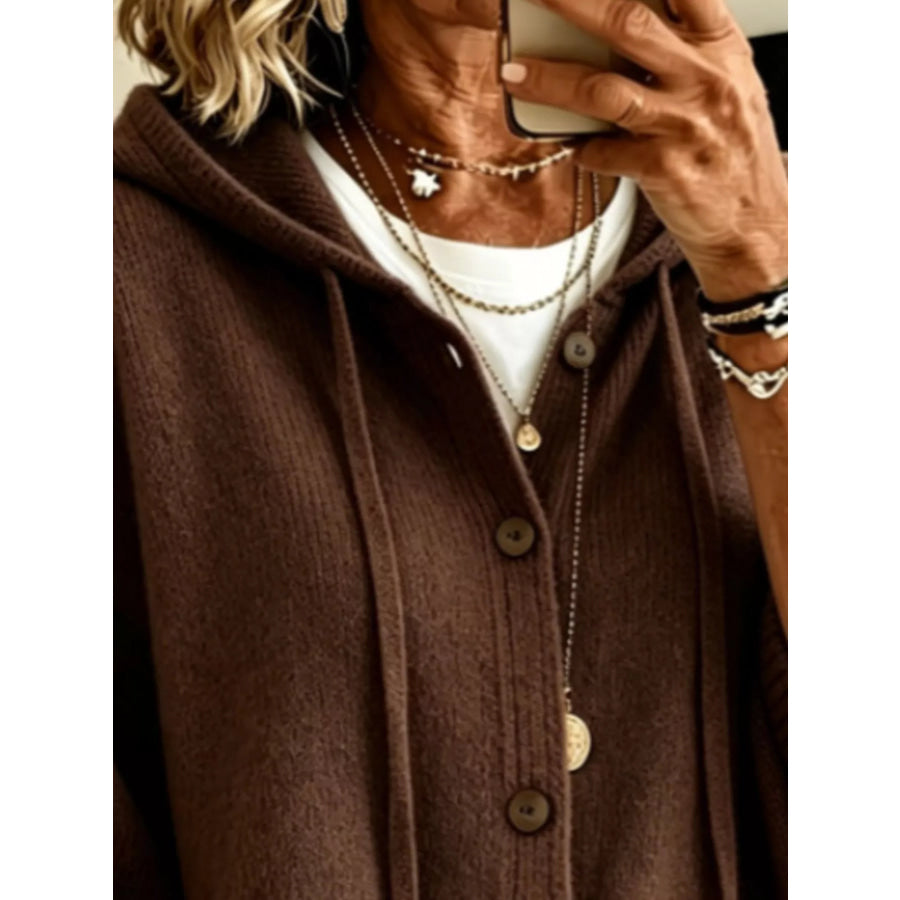 Full Size Casual Hooded Button-Down Knit Cardigan with Pockets Plus Apparel and Accessories