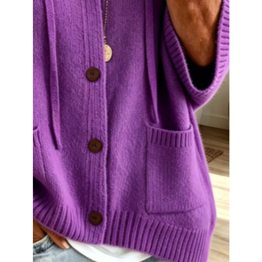 Full Size Casual Hooded Button-Down Knit Cardigan with Pockets Plus Apparel and Accessories