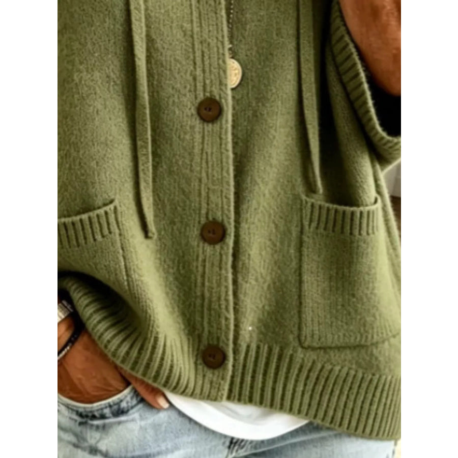 Full Size Casual Hooded Button-Down Knit Cardigan with Pockets Plus Apparel and Accessories