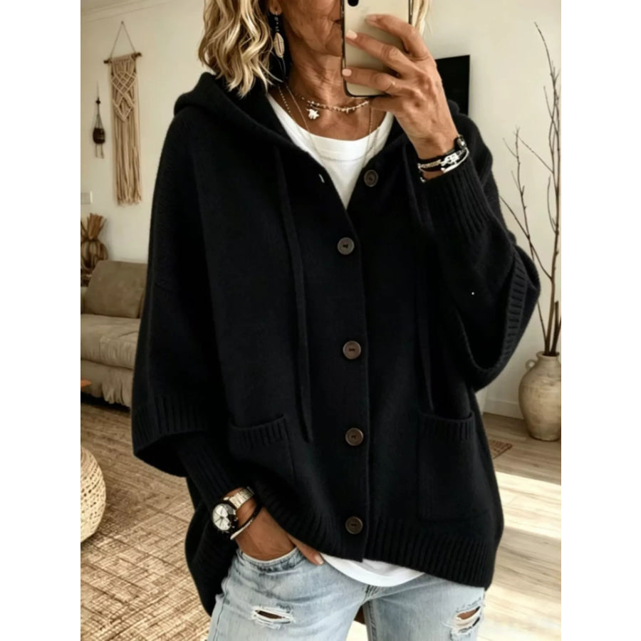 Full Size Casual Hooded Button-Down Knit Cardigan with Pockets Plus Black / S Apparel and Accessories