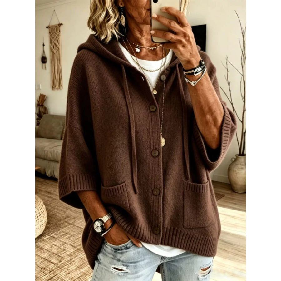 Full Size Casual Hooded Button-Down Knit Cardigan with Pockets Plus Dark Brown / S Apparel and Accessories