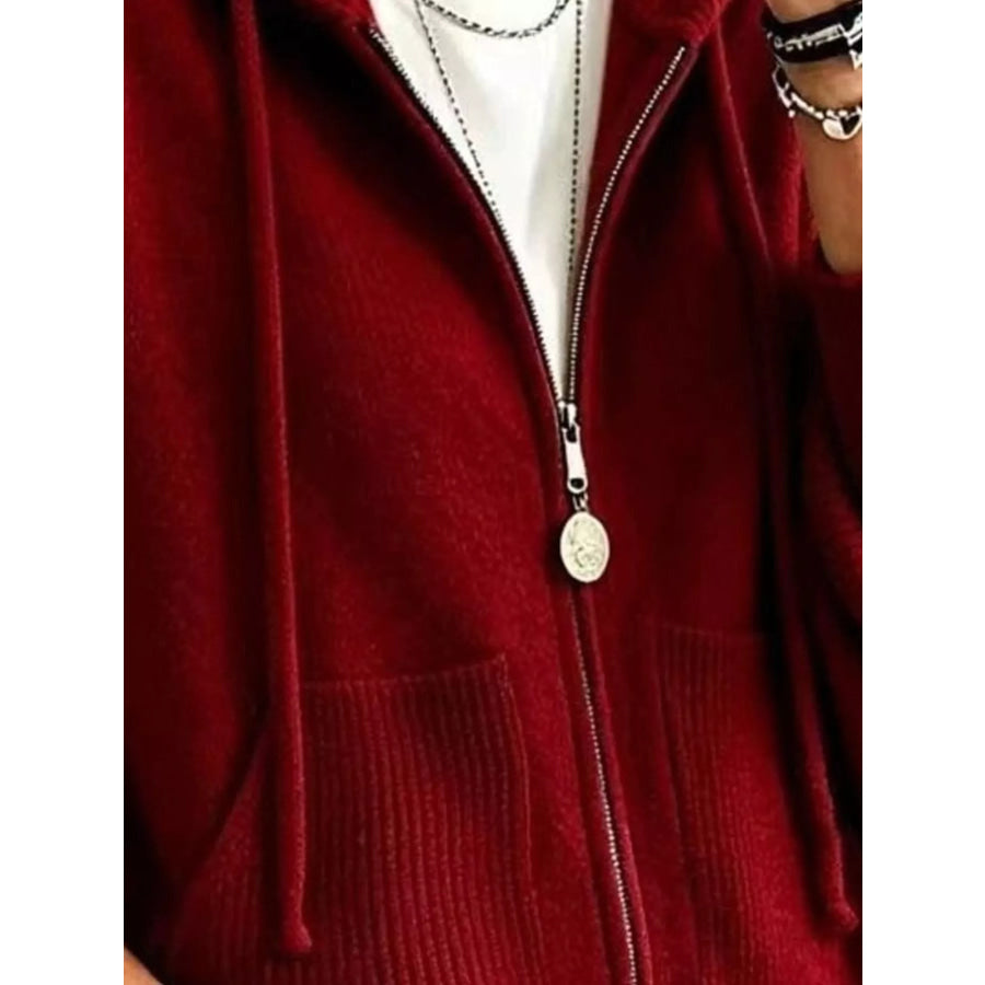 Full Size Casual Hooded Zip-Up Knit Cardigan Plus Apparel and Accessories