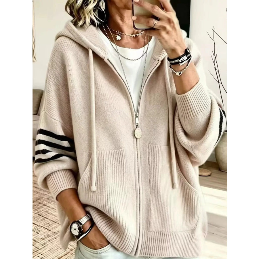 Full Size Casual Hooded Zip-Up Knit Cardigan Plus Apricot / XS Apparel and Accessories
