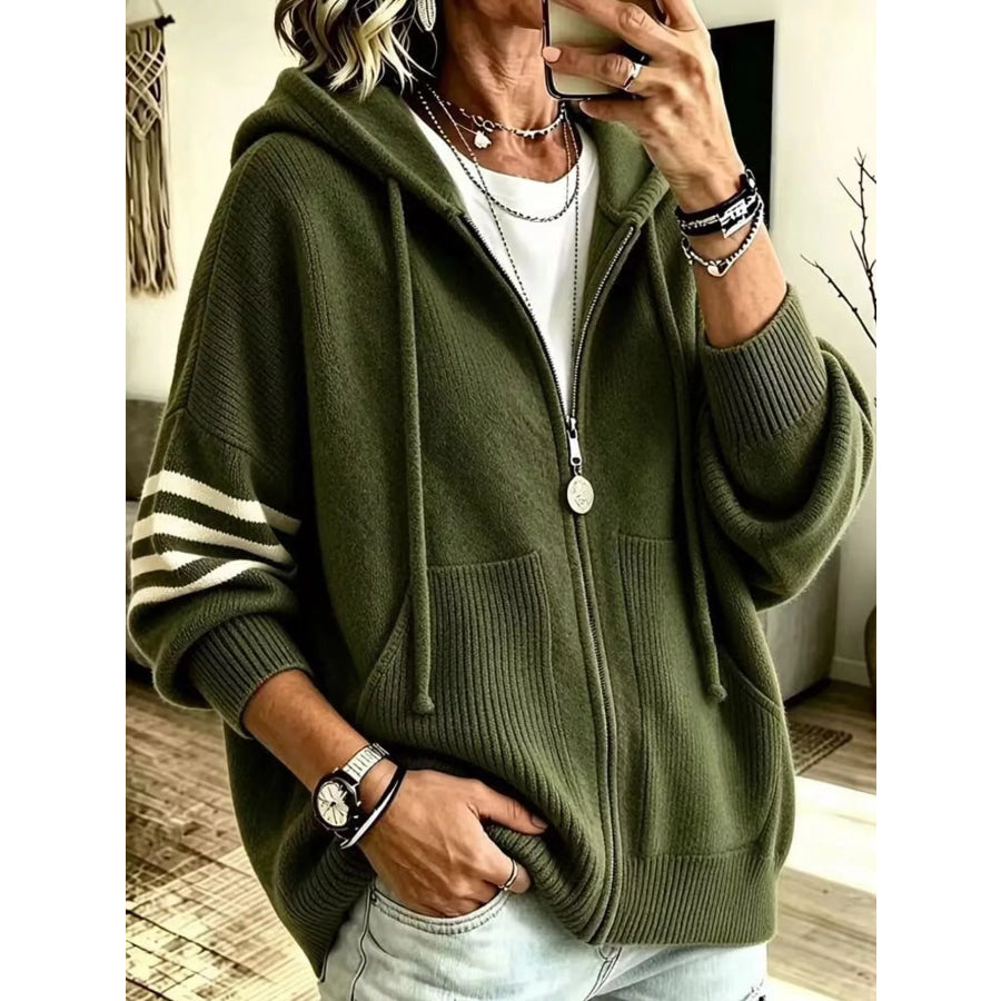 Full Size Casual Hooded Zip-Up Knit Cardigan Plus Army Green / XS Apparel and Accessories