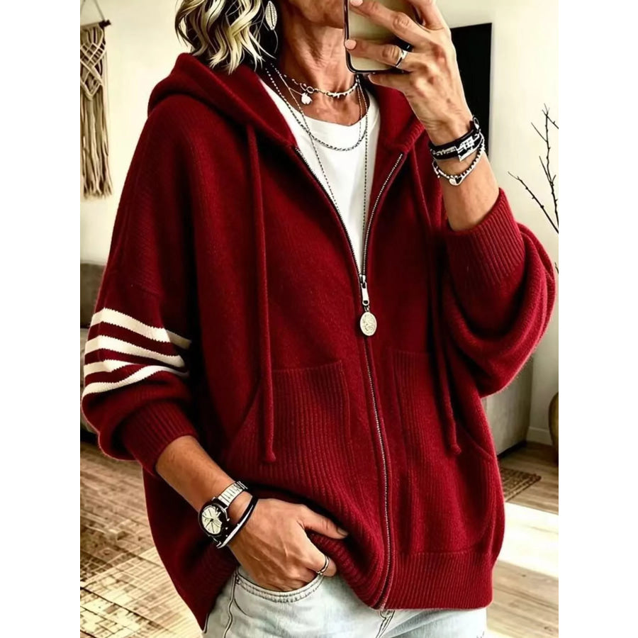 Full Size Casual Hooded Zip-Up Knit Cardigan Plus Burgundy / XS Apparel and Accessories