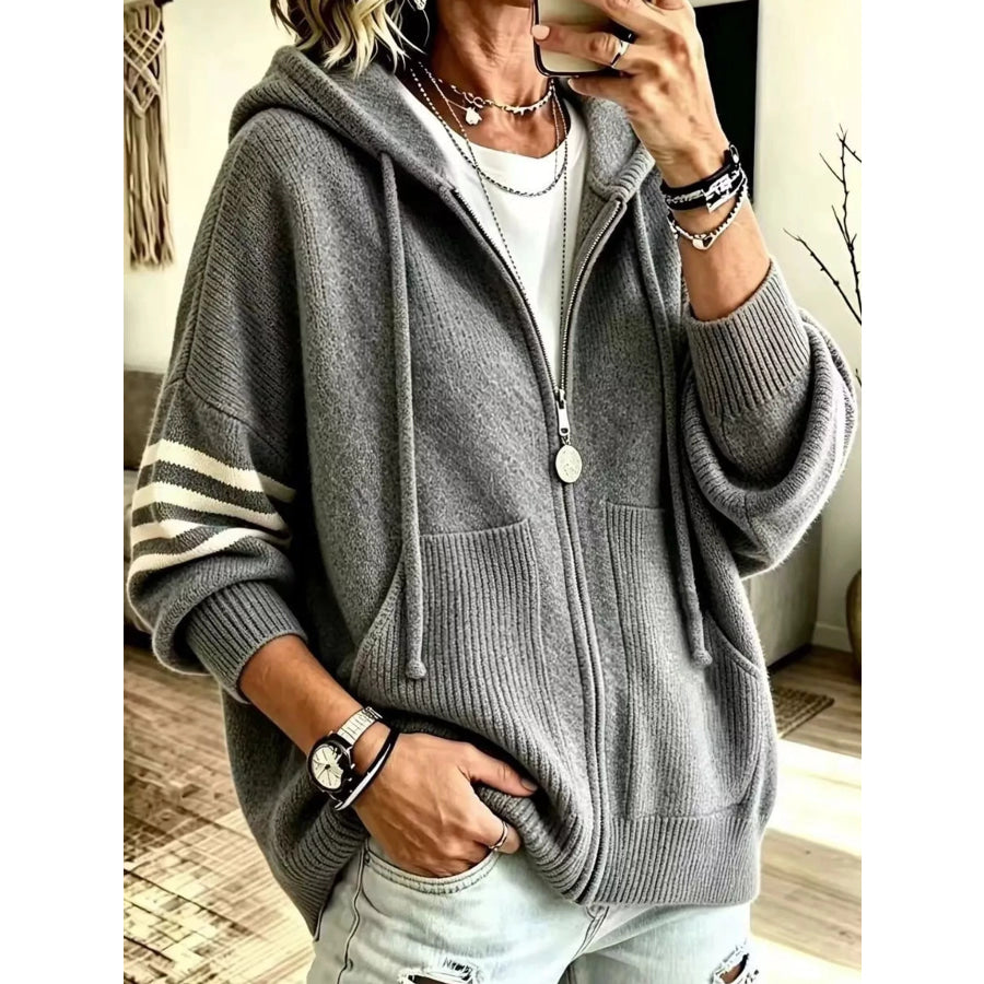 Full Size Casual Hooded Zip-Up Knit Cardigan Plus Gray / XS Apparel and Accessories