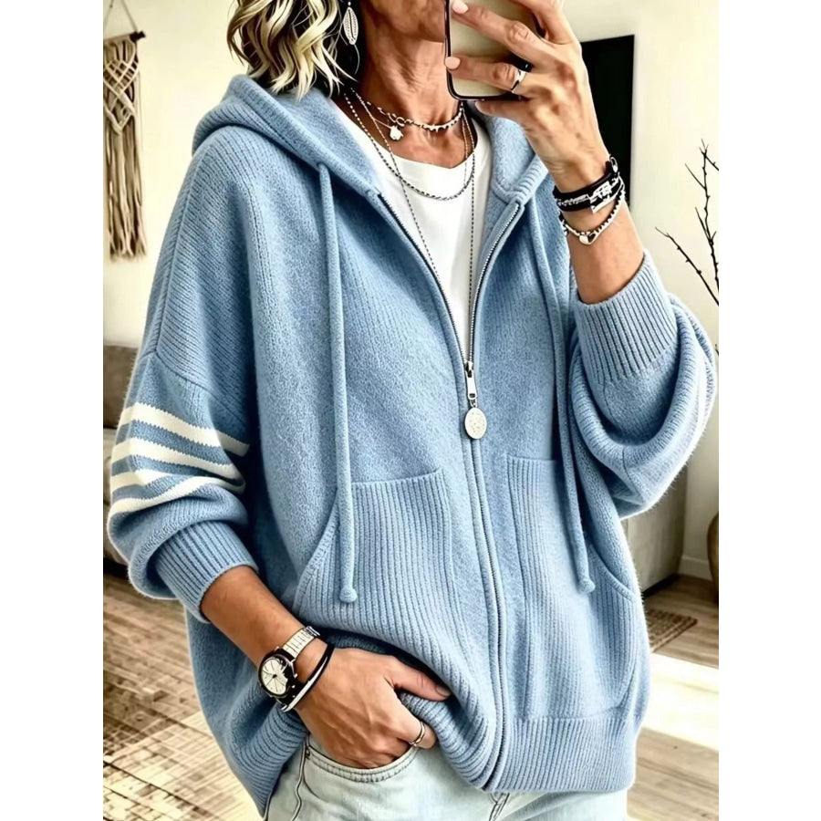 Full Size Casual Hooded Zip-Up Knit Cardigan Plus Light Blue / XS Apparel and Accessories
