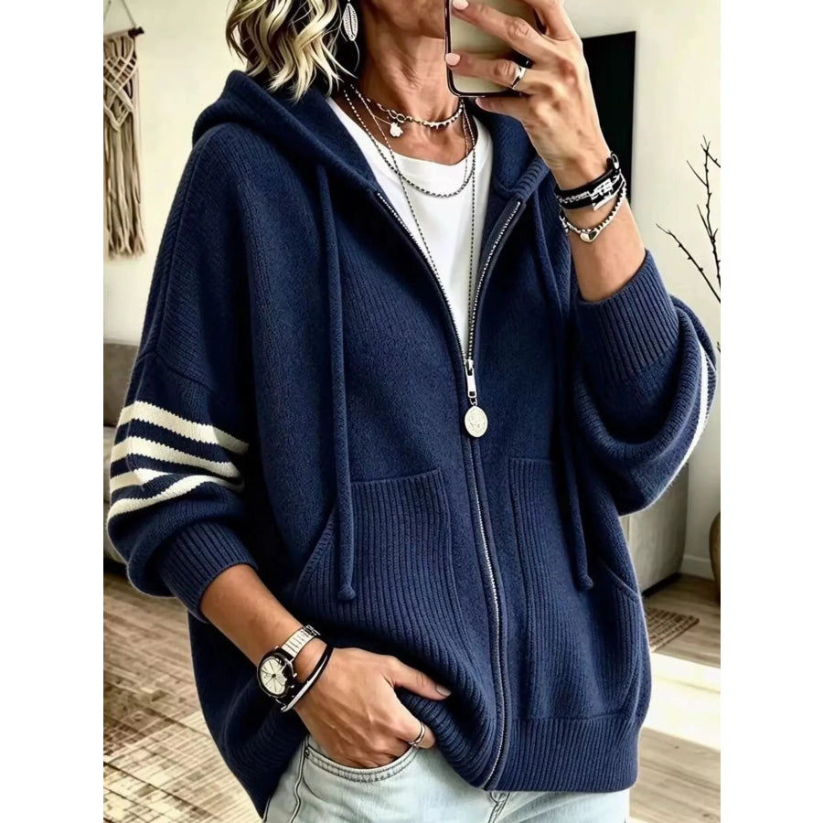 Full Size Casual Hooded Zip-Up Knit Cardigan Plus Navy / XS Apparel and Accessories