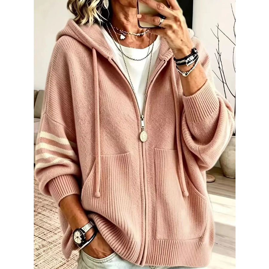 Full Size Casual Hooded Zip-Up Knit Cardigan Plus Pink / XS Apparel and Accessories