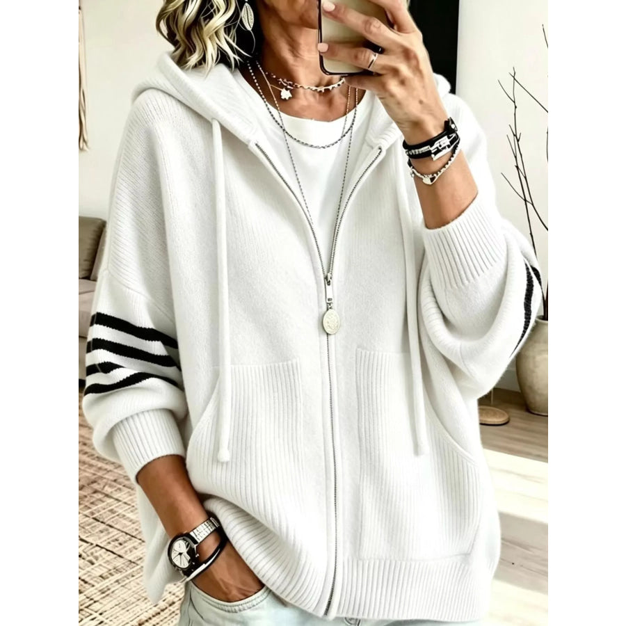 Full Size Casual Hooded Zip-Up Knit Cardigan Plus White / XS Apparel and Accessories