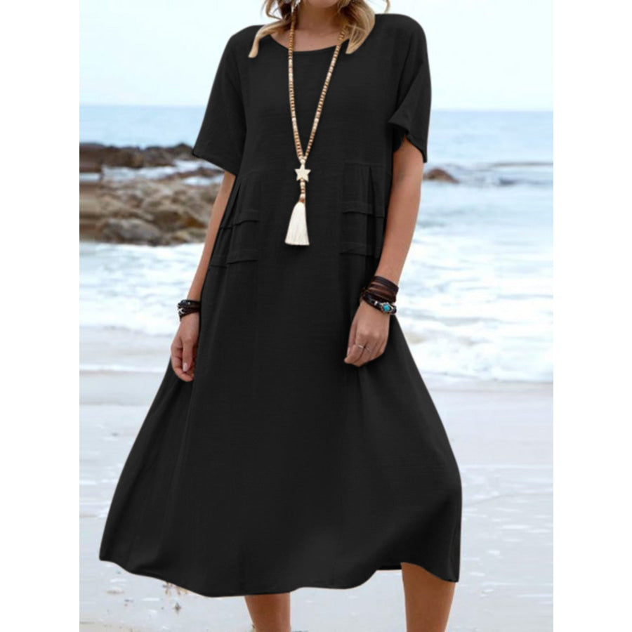 Full Size Casual Linen Blend Midi Dress Plus Size Black / S Apparel and Accessories