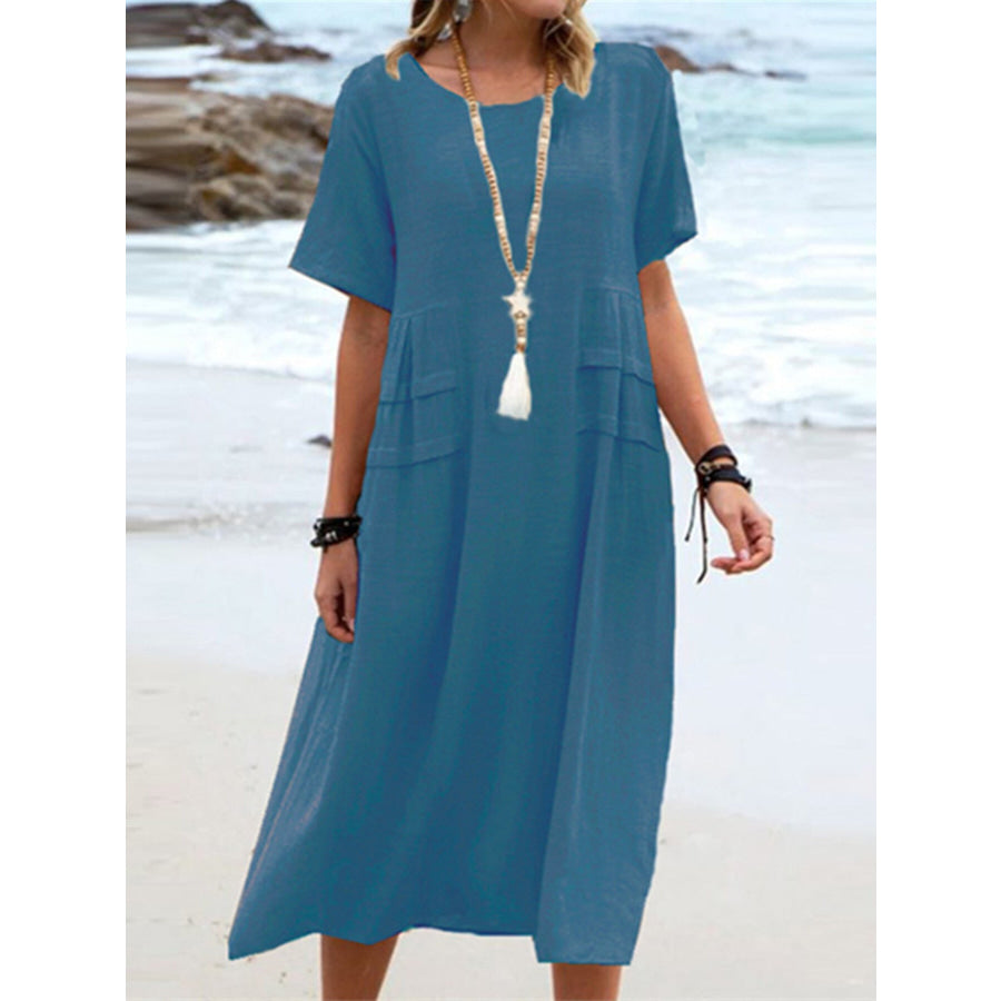 Full Size Casual Linen Blend Midi Dress Plus Size Blue / S Apparel and Accessories