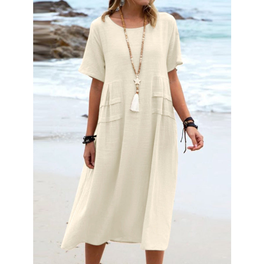 Full Size Casual Linen Blend Midi Dress Plus Size Khaki / S Apparel and Accessories