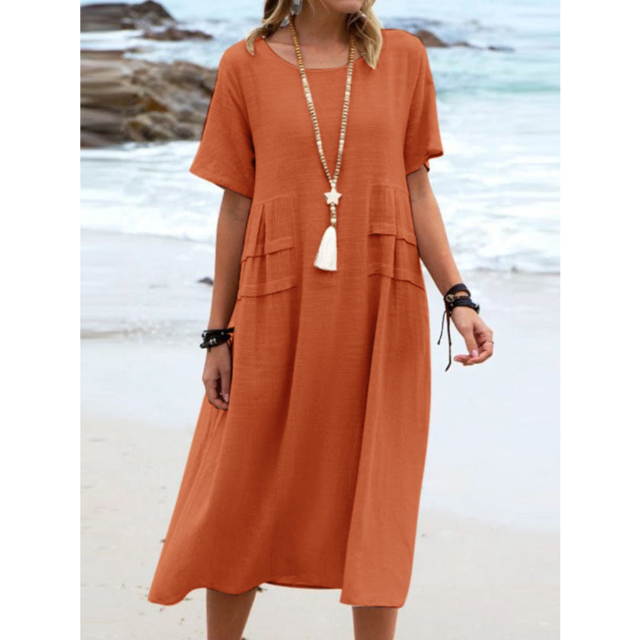 Full Size Casual Linen Blend Midi Dress Plus Size Orange / S Apparel and Accessories