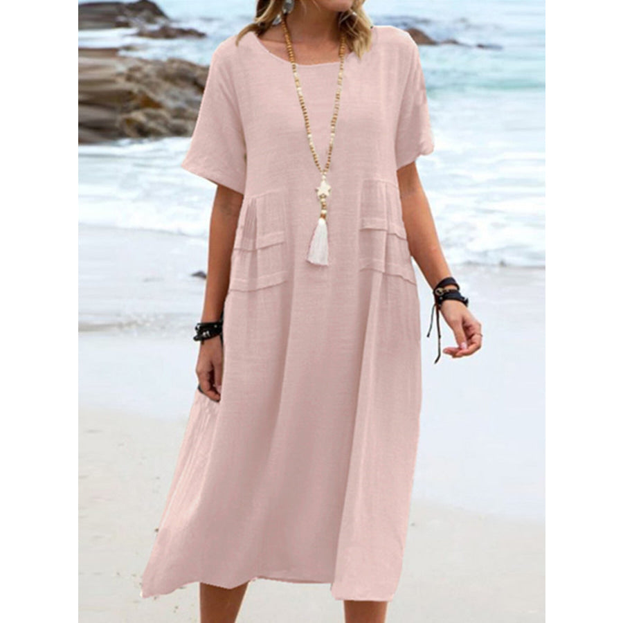 Full Size Casual Linen Blend Midi Dress Plus Size Pink / S Apparel and Accessories
