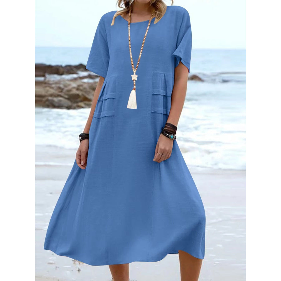 Full Size Casual Linen Blend Midi Dress Plus Size Royal Blue / S Apparel and Accessories