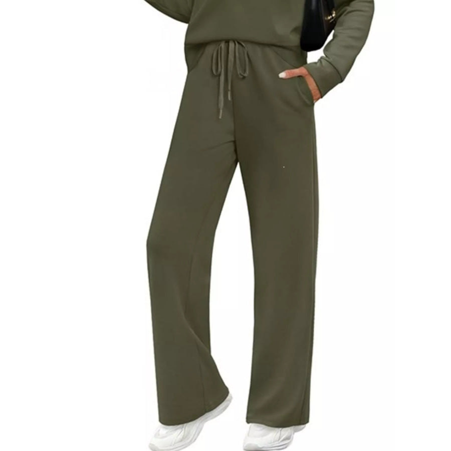 Full Size Casual Long Sleeve Crewneck Top and Drawstring Pants Set Plus Apparel Accessories