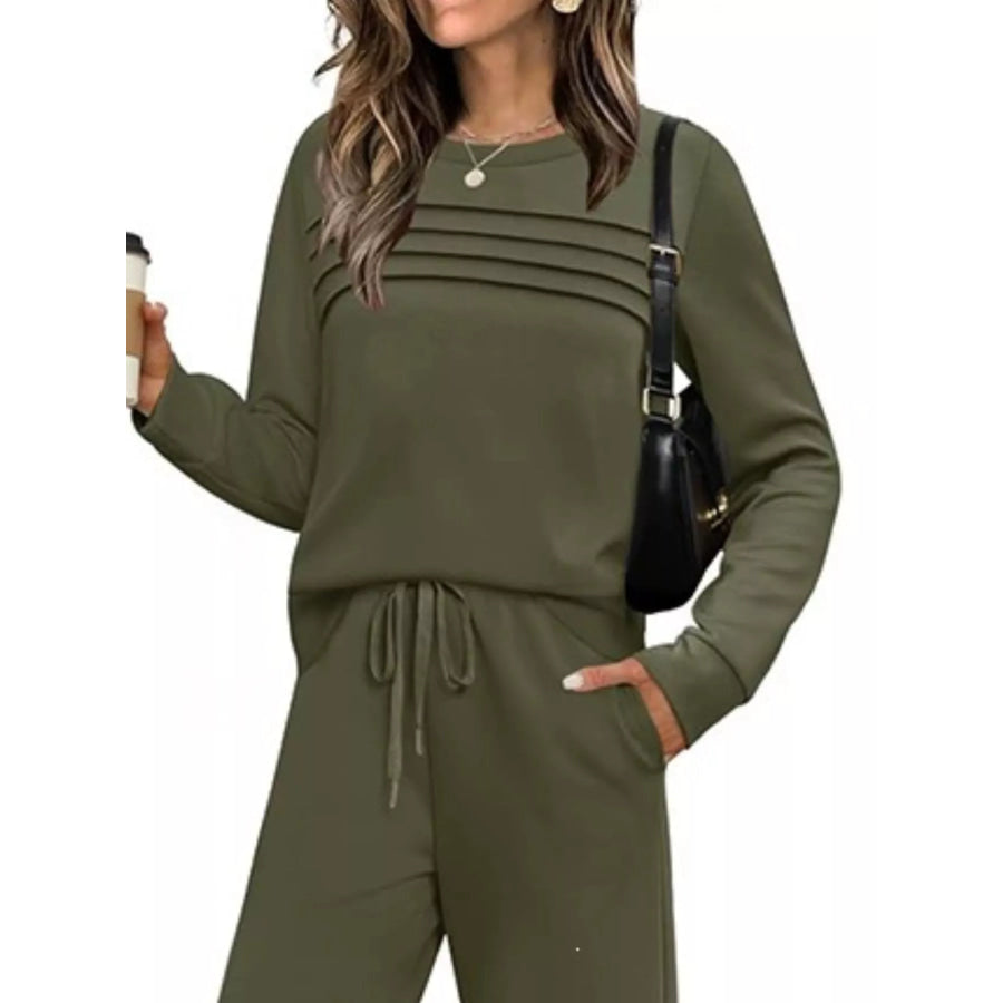 Full Size Casual Long Sleeve Crewneck Top and Drawstring Pants Set Plus Apparel Accessories