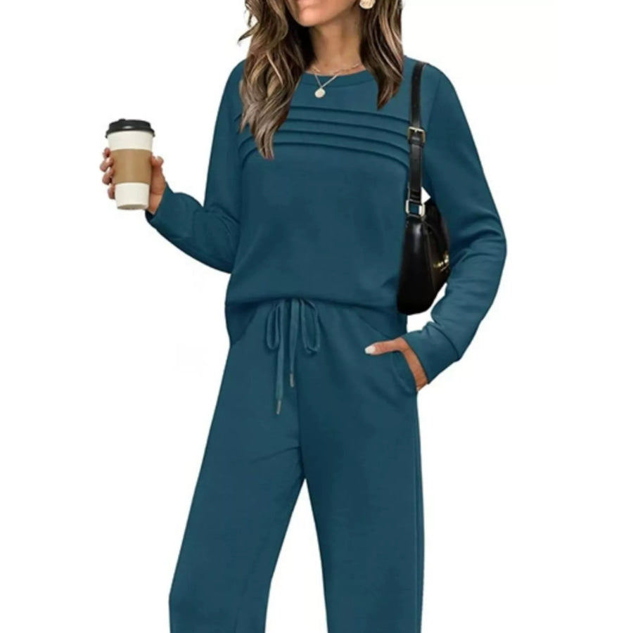 Full Size Casual Long Sleeve Crewneck Top and Drawstring Pants Set Plus Apparel Accessories