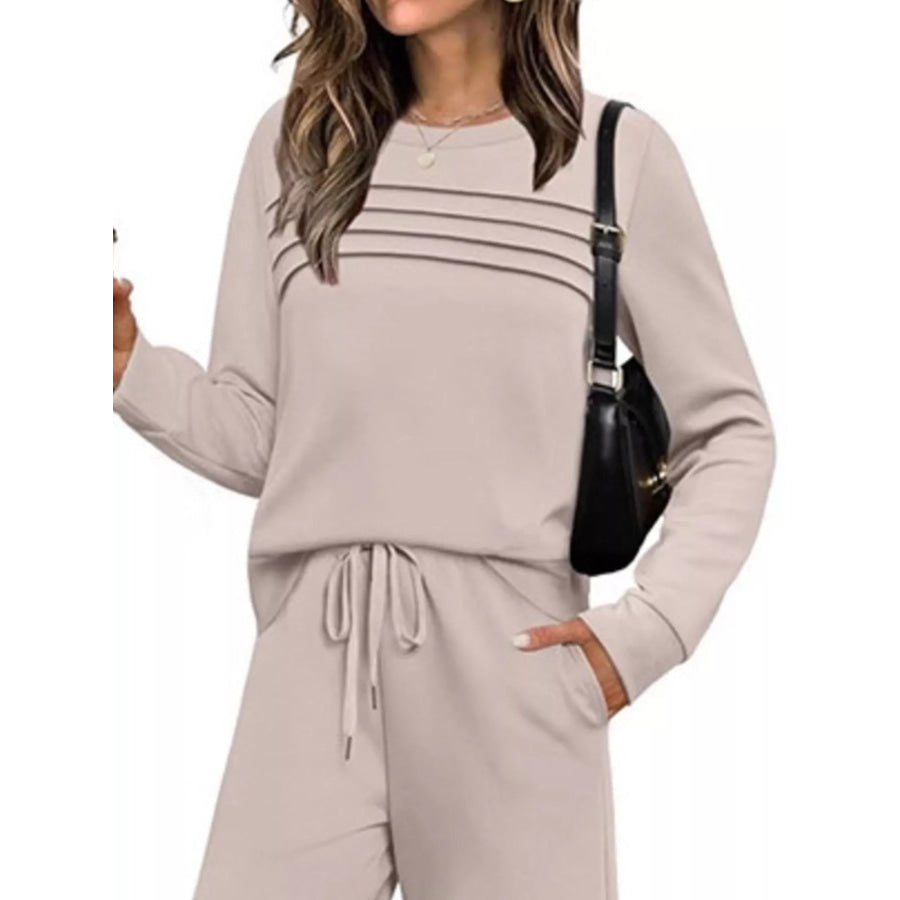 Full Size Casual Long Sleeve Crewneck Top and Drawstring Pants Set Plus Apricot / S Apparel Accessories