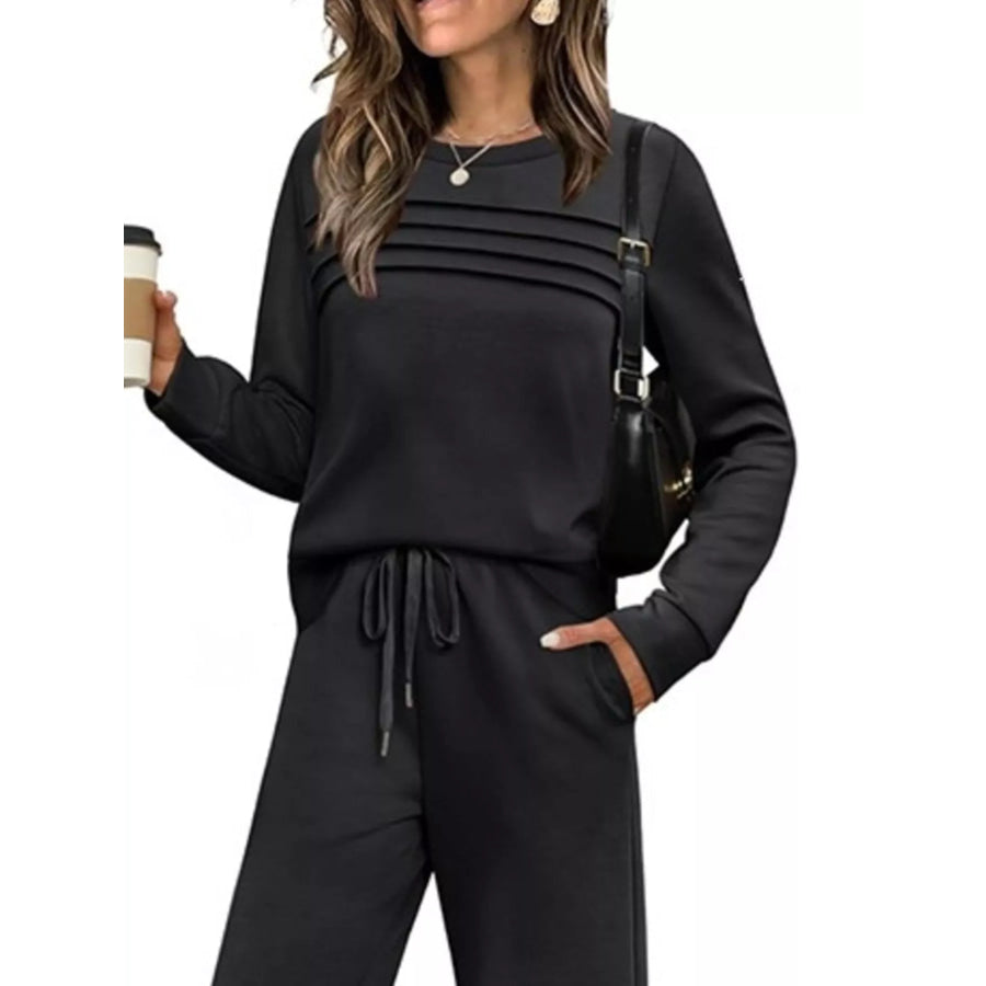 Full Size Casual Long Sleeve Crewneck Top and Drawstring Pants Set Plus Apparel Accessories