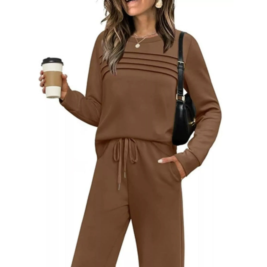 Full Size Casual Long Sleeve Crewneck Top and Drawstring Pants Set Plus Apparel Accessories