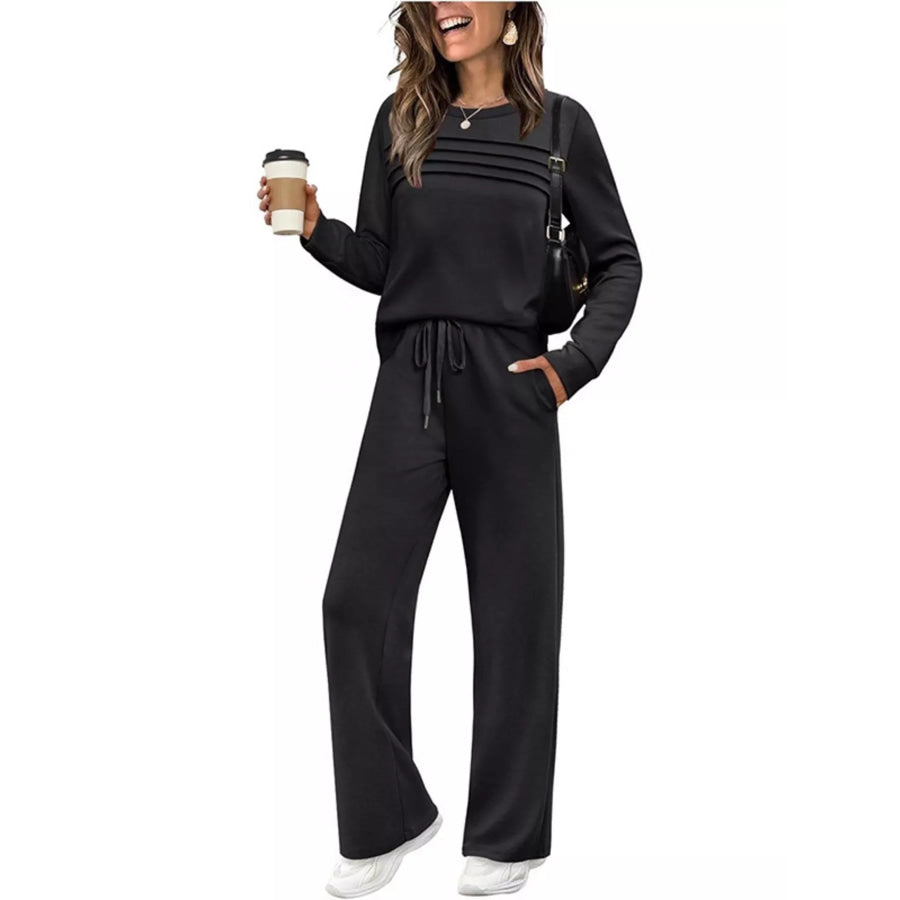 Full Size Casual Long Sleeve Crewneck Top and Drawstring Pants Set Plus Black / S Apparel Accessories