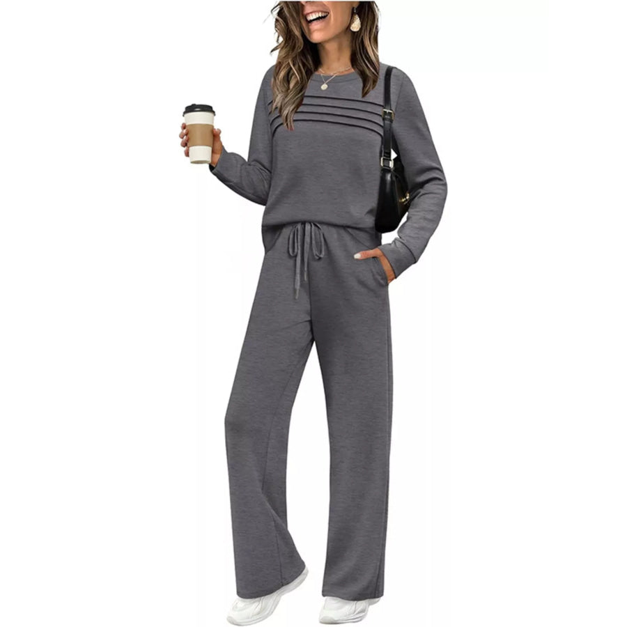 Full Size Casual Long Sleeve Crewneck Top and Drawstring Pants Set Plus Dark Gray / S Apparel Accessories