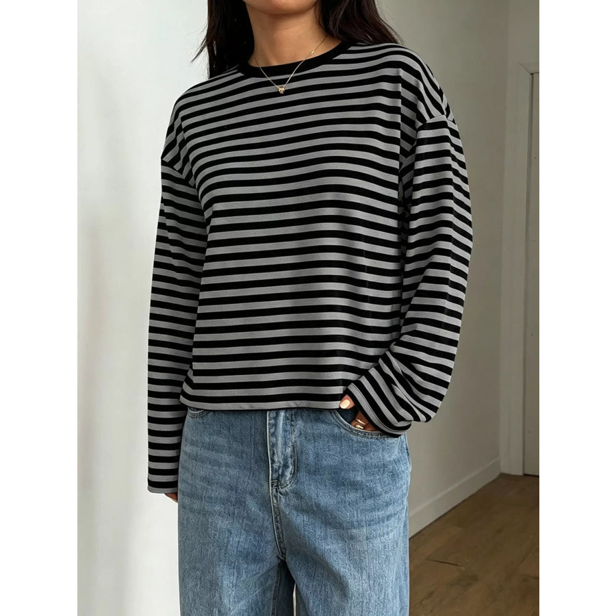 Full Size Casual Long-Sleeve Striped Crew Neck T-Shirt Plus Black / S