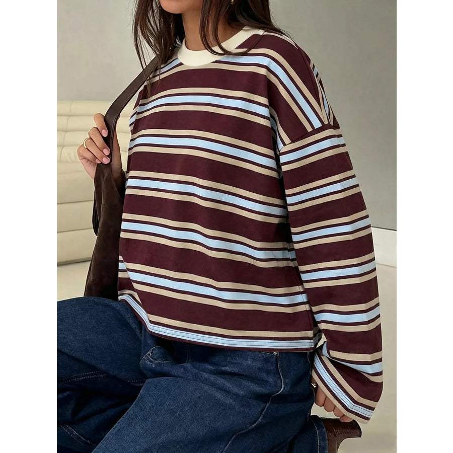 Full Size Casual Long-Sleeve Striped Crew Neck T-Shirt Plus Brown / S