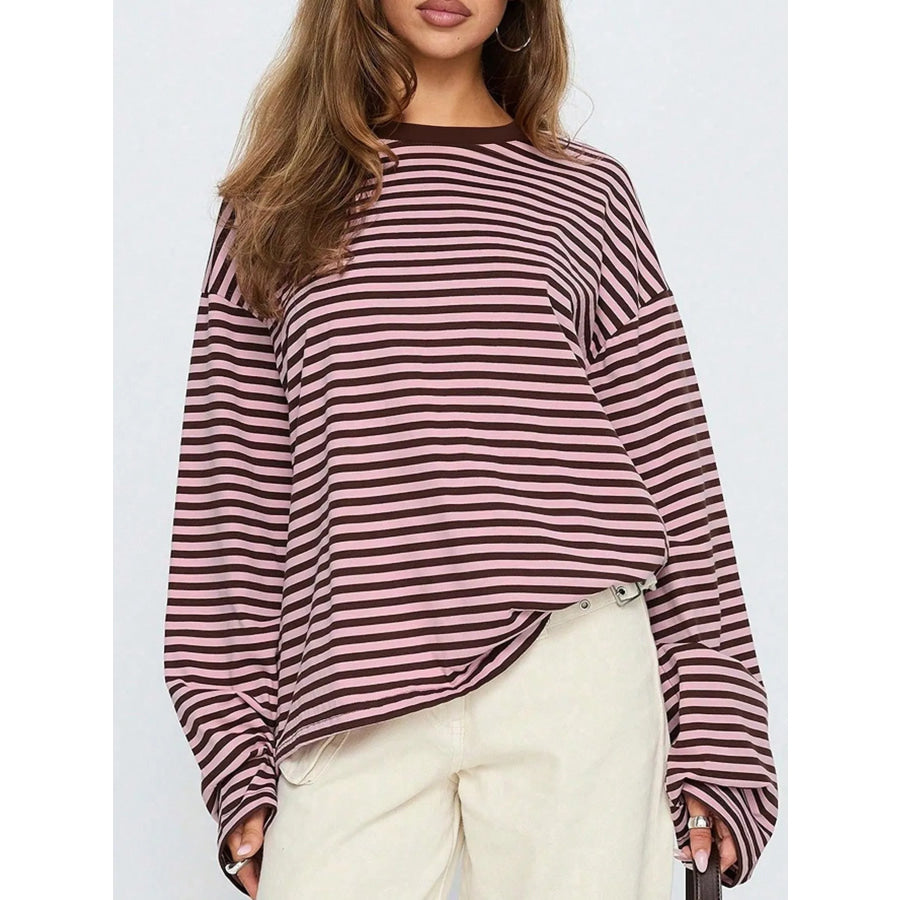 Full Size Casual Long-Sleeve Striped Crew Neck T-Shirt Plus Deep Purple / S