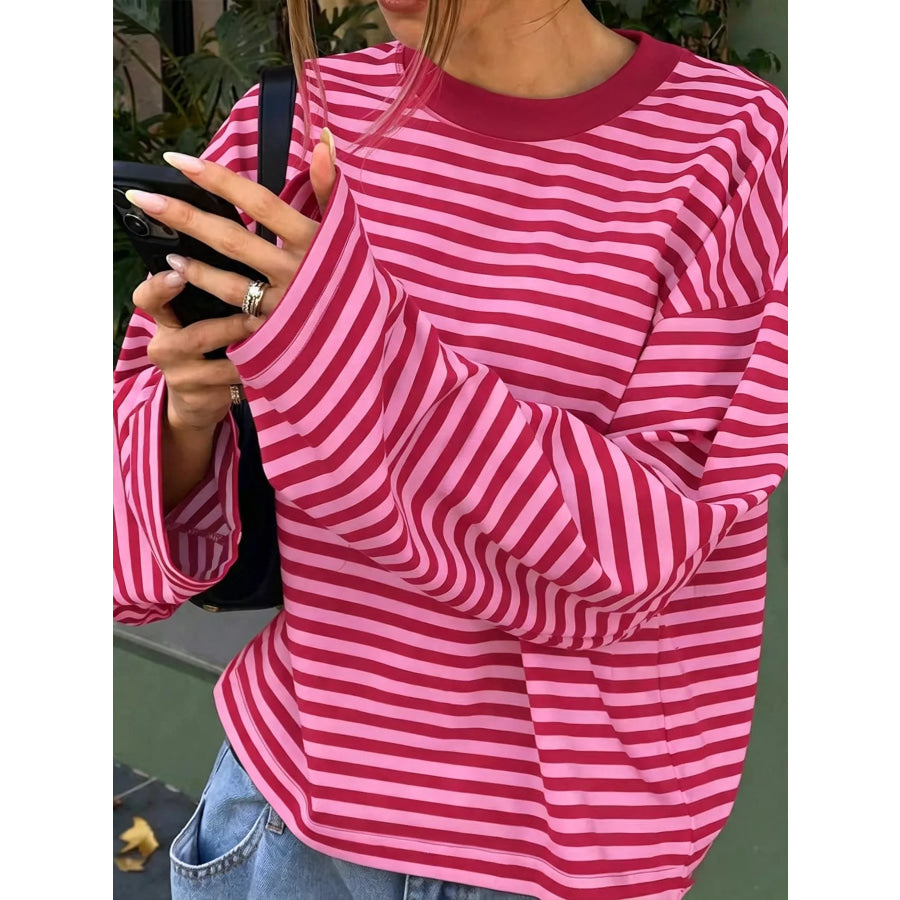Full Size Casual Long-Sleeve Striped Crew Neck T-Shirt Plus Fuchsia Pink / S