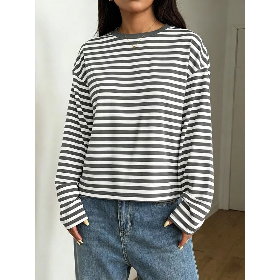 Full Size Casual Long-Sleeve Striped Crew Neck T-Shirt Plus Gray / S